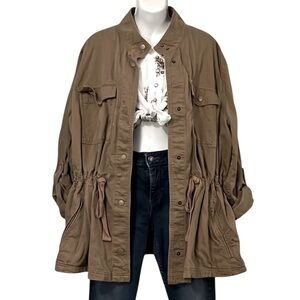 Terra & Sky Brown Cinched Funnel Neck Utility Cargo Technical Field Jacket  2X